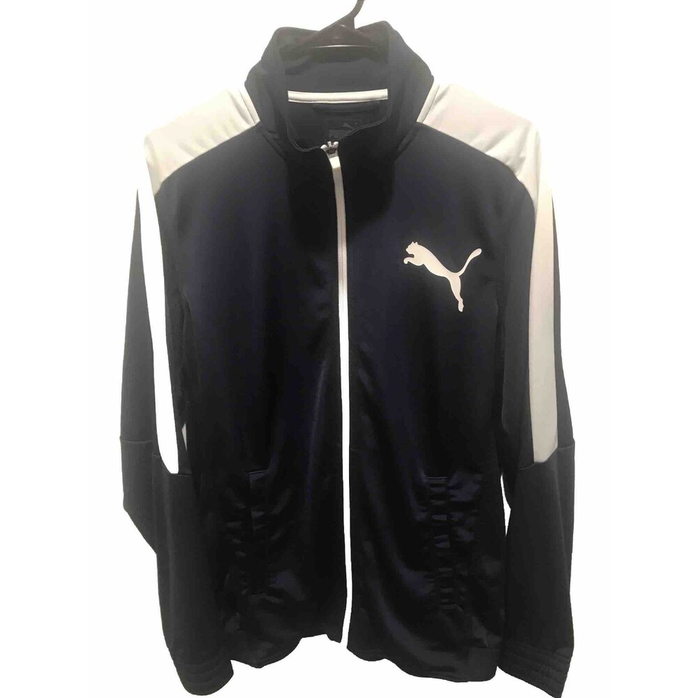 PUMA Track Jacket Full Zip Mens Small Navy Blue White Strips EUC